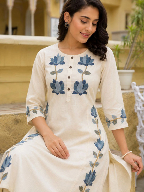 Moda Rapido Women Floral Embroidered Regular Thread Work Pure Cotton Kurta with Trousers - Image 3