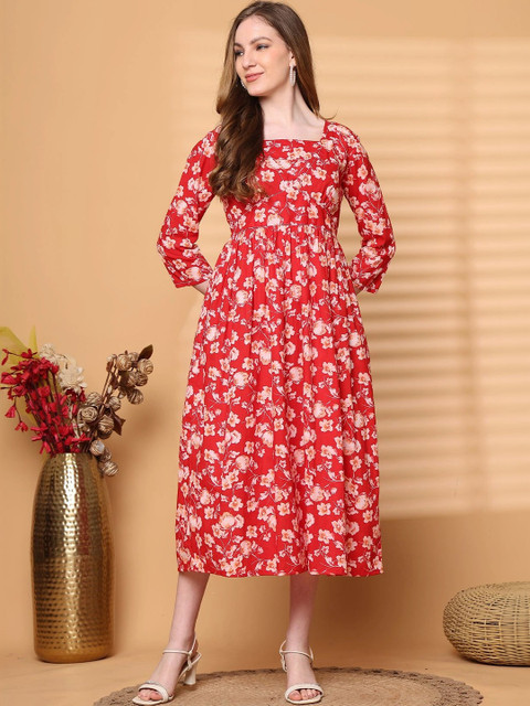 Roly Poly Floral Print A-Line Midi Dress