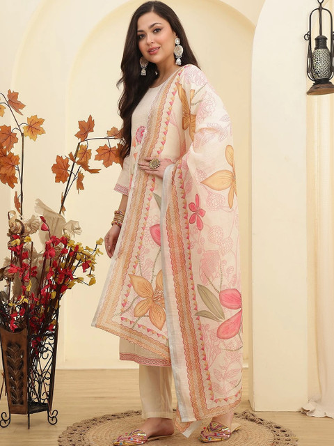 Moda Rapido Women Floral Printed Regular Linen Kurta with Trousers & With Dupatta - Image 3