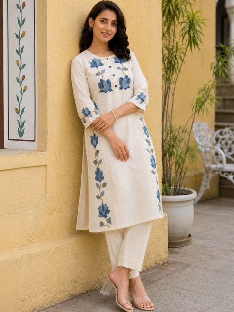 Moda Rapido Women Floral Embroidered Regular Thread Work Pure Cotton Kurta with Trousers - Image 7