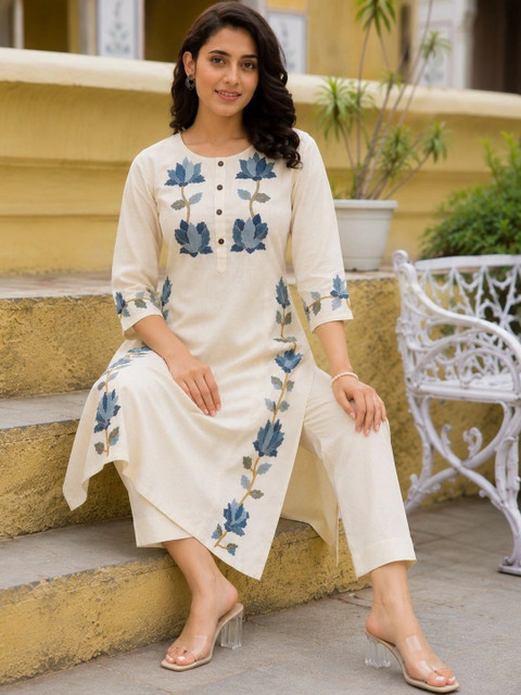 Moda Rapido Women Floral Embroidered Regular Thread Work Pure Cotton Kurta with Trousers - Image 2