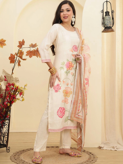 Moda Rapido Women Floral Printed Regular Linen Kurta with Trousers & With Dupatta - Image 6