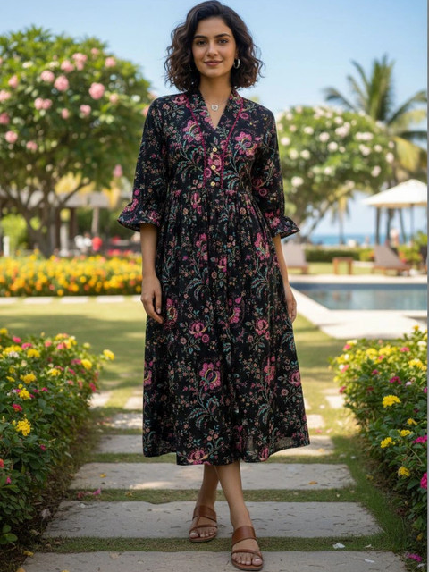 Roly Poly Floral Print Bell Sleeve A-Line Midi Dress