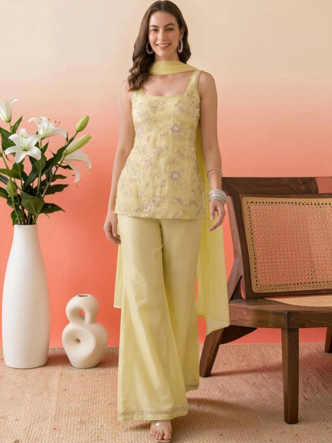 all about you Women Ethnic Motifs Embroidered Regular Thread Work Kurta with Palazzos & With Dupatta