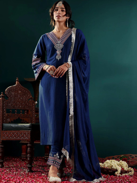 all about you Women Ethnic Motifs Embroidered Regular Thread Work Kurta with Trousers & With Dupatta