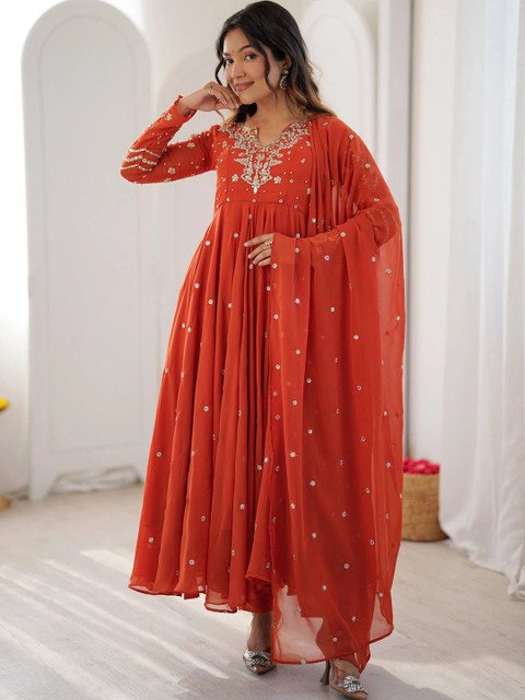 SAJAVAT ETHENIC WEAR Women Embroidered Empire Sequinned Silk Georgette Kurta with Pyjamas & With Dupatta