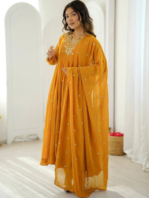 VASTRABELLA Women Embroidered Empire Mirror Work Silk Georgette Kurta with Palazzos & With Dupatta - Image 3