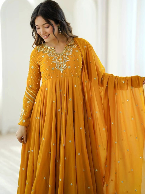 VASTRABELLA Women Embroidered Empire Mirror Work Silk Georgette Kurta with Palazzos & With Dupatta - Image 7