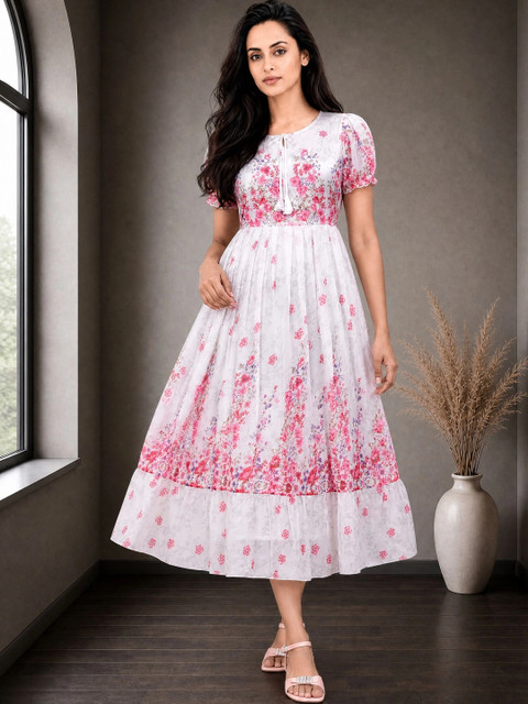 QENA Floral Print Puff Sleeve Georgette A-Line Midi Dress