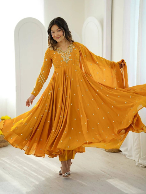 VASTRABELLA Women Embroidered Empire Mirror Work Silk Georgette Kurta with Palazzos & With Dupatta