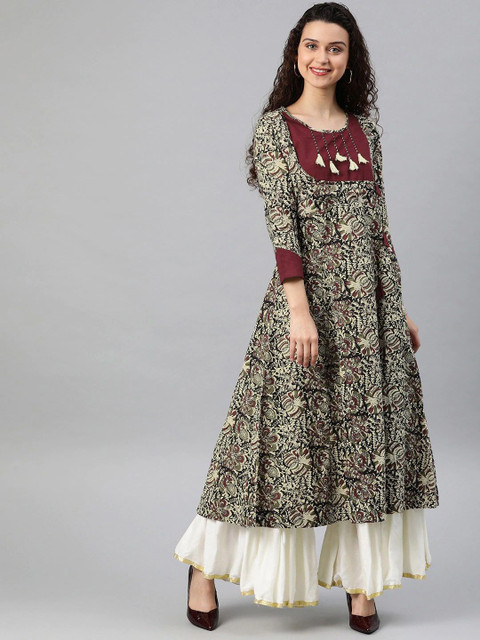 KALINI Round Neck Floral Printed Cotton Anarkali Kurta