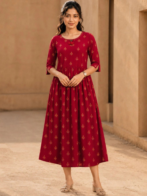Avishya Ethnic Motifs Print A-Line Midi Dress