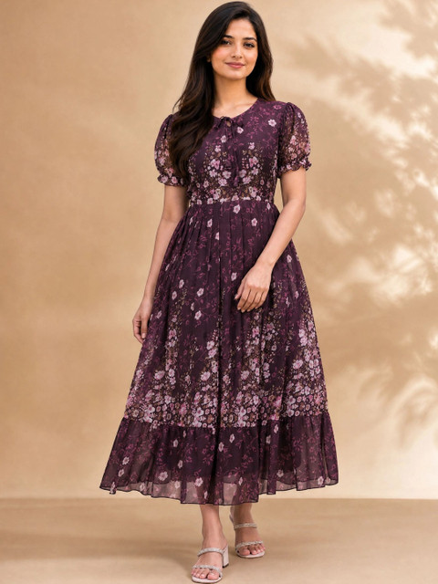 QENA Floral Print Puff Sleeve Georgette A-Line Midi Dress
