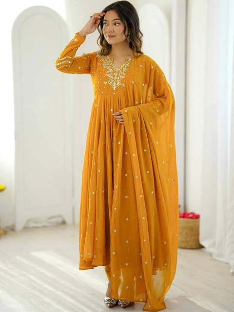 VASTRABELLA Women Embroidered Empire Mirror Work Silk Georgette Kurta with Palazzos & With Dupatta - Image 4