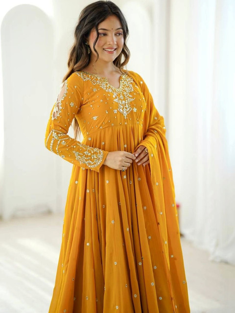 VASTRABELLA Women Embroidered Empire Mirror Work Silk Georgette Kurta with Palazzos & With Dupatta - Image 6