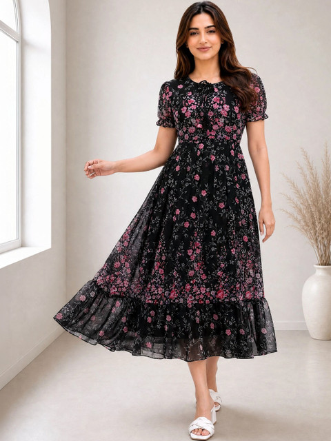 QENA Floral Print Puff Sleeve Georgette A-Line Midi Dress