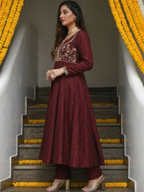 MOKOSH Women Berry Red Embroidered Anarkali Kurta And Pant Set with Dupatta - Image 3