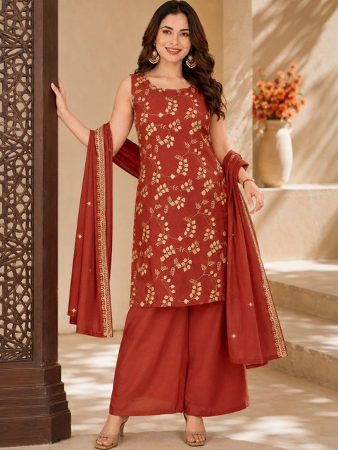 Sangria Women Ethnic Motifs Printed Regular Kurta with Palazzos & With Dupatta