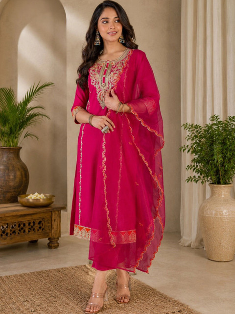 Sangria Women Ethnic Motifs Embroidered Regular Thread Work Kurta with Trousers & With Dupatta