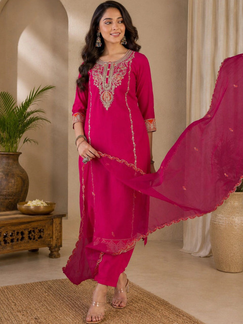 Sangria Women Ethnic Motifs Embroidered Regular Thread Work Kurta with Trousers & With Dupatta - Image 4
