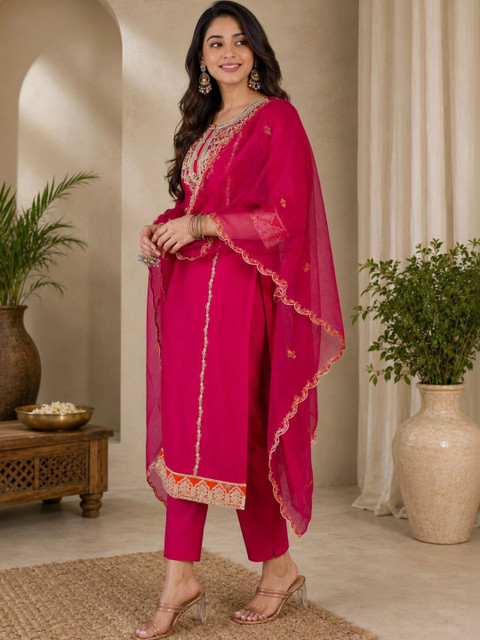 Sangria Women Ethnic Motifs Embroidered Regular Thread Work Kurta with Trousers & With Dupatta - Image 6