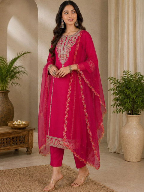 Sangria Women Ethnic Motifs Embroidered Regular Thread Work Kurta with Trousers & With Dupatta - Image 3