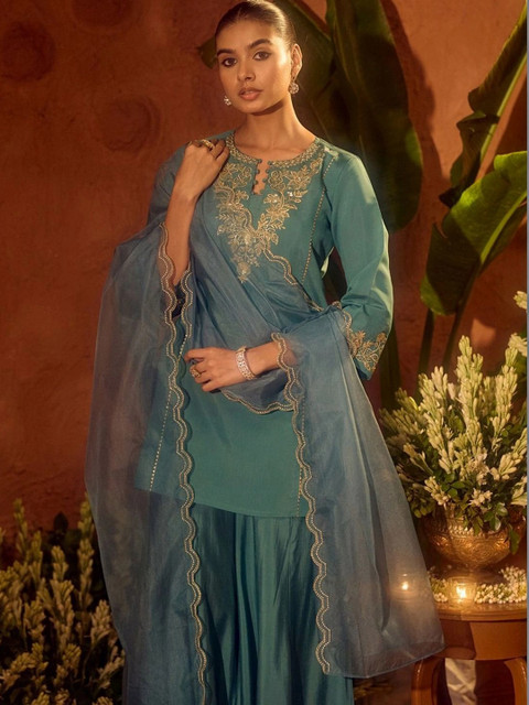 Vaidehi Fashion Women Ethnic Motifs Embroidered Regular Thread Work Chanderi Silk Kurta with Sharara & With - Image 6