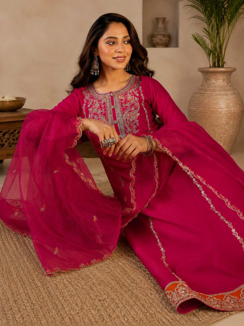 Sangria Women Ethnic Motifs Embroidered Regular Thread Work Kurta with Trousers & With Dupatta - Image 5