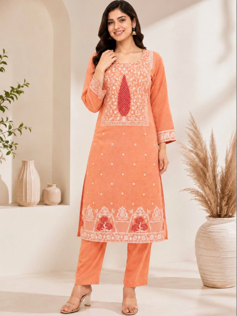 Panzora Women Ethnic Motifs Embroidered Regular Thread Work Pure Cotton Kurta with Trousers & With Dupatta - Image 5