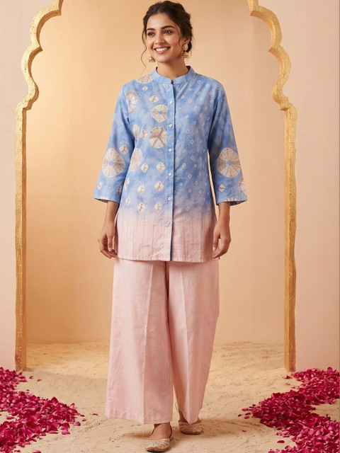 CLOTHING CLOSET Dyed Printed Mandarian Collar Neck Shirt With Palazzo Co-Ords