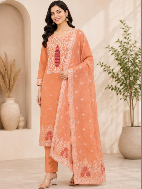 Panzora Women Ethnic Motifs Embroidered Regular Thread Work Pure Cotton Kurta with Trousers & With Dupatta