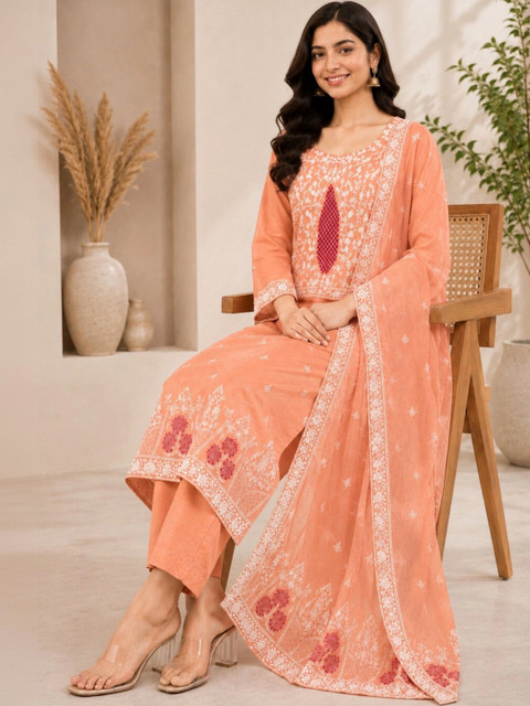 Panzora Women Ethnic Motifs Embroidered Regular Thread Work Pure Cotton Kurta with Trousers & With Dupatta - Image 3