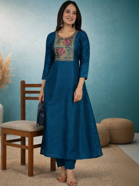 Sangria Floral Embroidered Tunic with Trousers