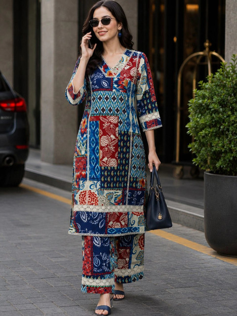 Women's Multicolor Patchwork Printed Cotton Blend Co-Ord Set with Lace Detail