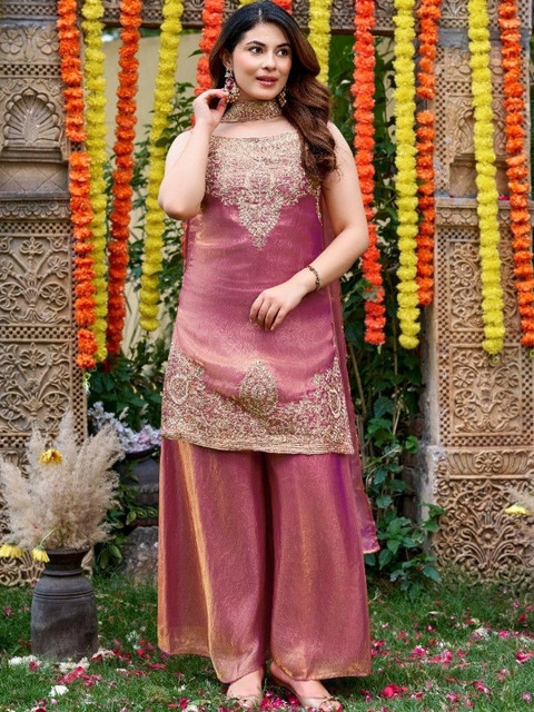 Morang Women Ethnic Motifs Embroidered Regular Kurta with Sharara & With Dupatta