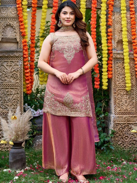 Morang Women Ethnic Motifs Embroidered Regular Kurta with Sharara & With Dupatta - Image 5