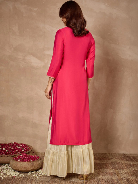 Janasya Women Embroidered Thread Work Chanderi Silk Kurta - Image 6