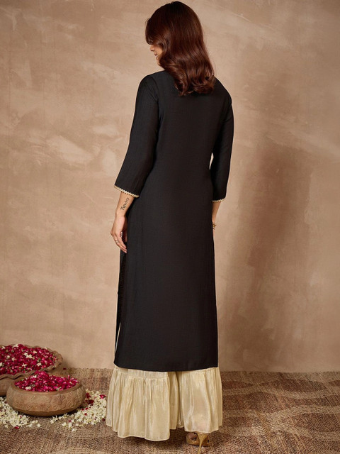 Janasya Women Zari Yoke Embroidered Silk Blend Straight Kurta - Image 4