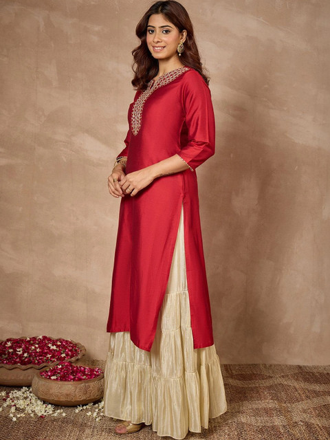 Janasya Women Embroidered Thread Work Chanderi Silk Kurta - Image 7
