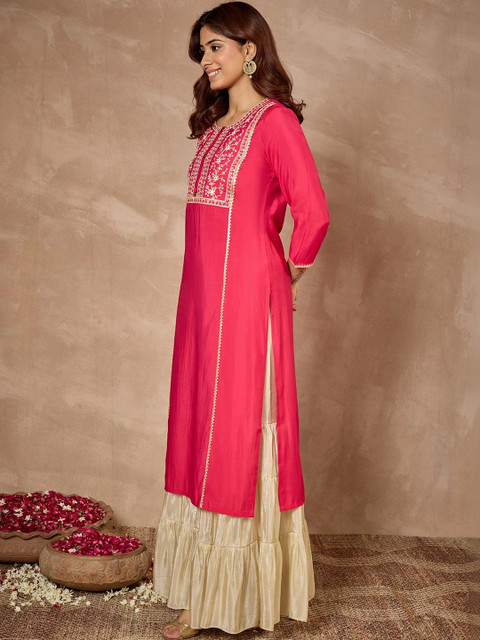 Janasya Women Embroidered Thread Work Chanderi Silk Kurta - Image 7