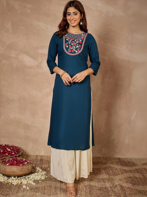 Janasya Women Floral Embroidered Thread Work Floral Kurta