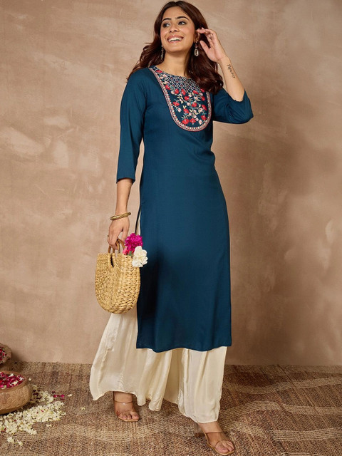 Janasya Women Floral Embroidered Thread Work Floral Kurta - Image 2