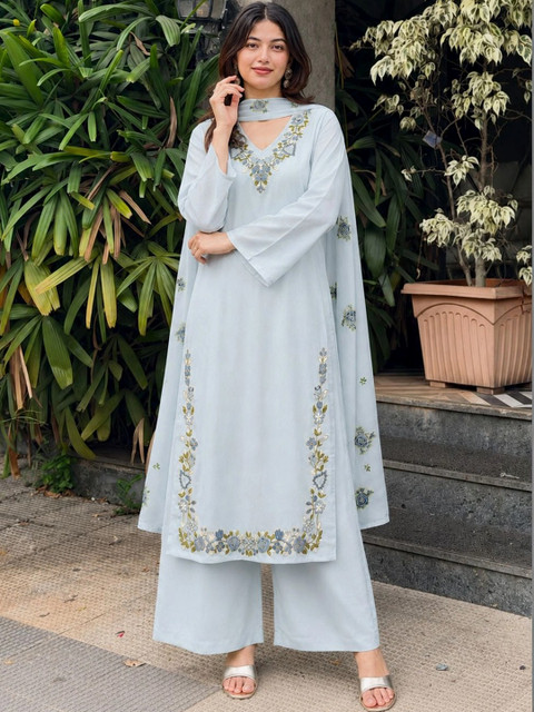 Aaghnya Women Floral Embroidered Regular Thread Work Kurta with Palazzos & With Dupatta - Image 2