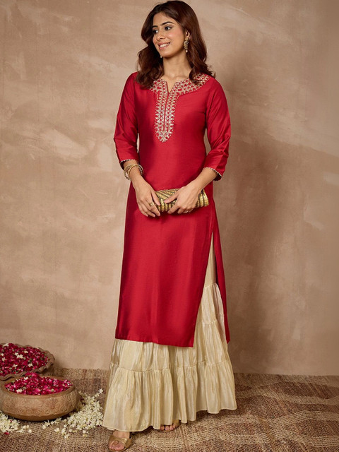 Janasya Women Embroidered Thread Work Chanderi Silk Kurta - Image 2