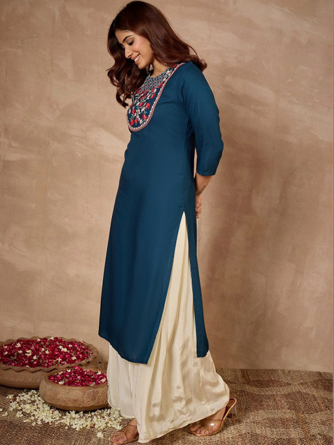 Janasya Women Floral Embroidered Thread Work Floral Kurta - Image 7