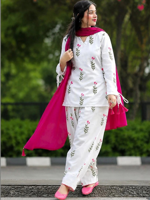 KALINI Women Floral Printed Regular Pure Cotton Kurta with Salwar & With Dupatta