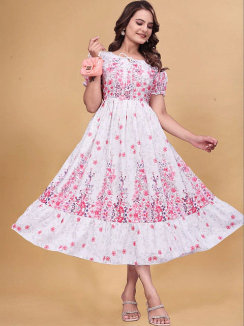 QENA Tie-Up Neck Puff Sleeve Fit & Flare Dress