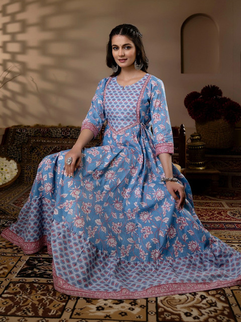 NAVYANSHI Women Floral Printed Block Print Anarkali Kurta