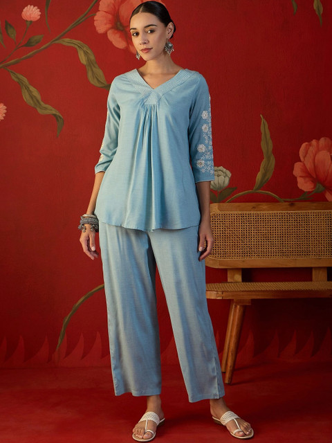 Sangria Indigo Cotton Embroidered Tunic with Trousers