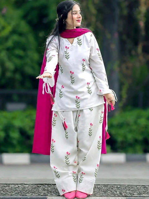 SANGOURI Women Floral Printed Regular Pure Cotton Kurta with Salwar & With Dupatta